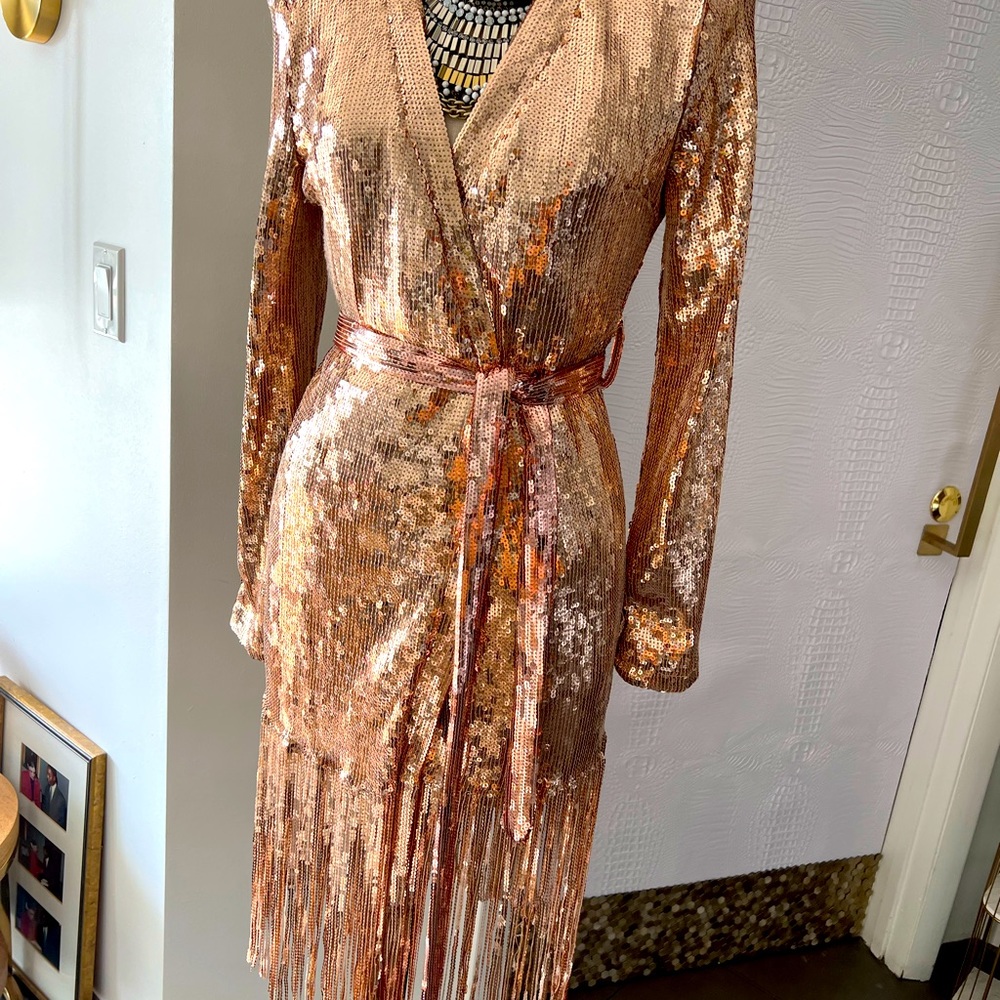 Rose gold sequin wrap dress or jacket. Elegant, fun and sexy. Size M